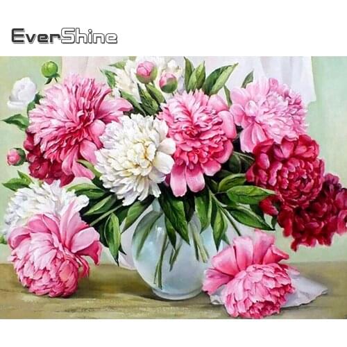 Evershine Full Square Round Diamond Embroidery Flower Cross Stitch Diamond Painting Peony Rhinestones Pictures Handicrafts Gift