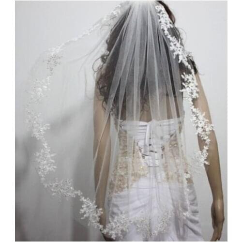 1T Fingertip length Bridal veil with comb, white veil, ivory veil, lace Decal veil