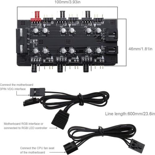 Hot Sale 12V 4Pin PWM & 5V 3Pin ARGB 2-in-1 Hub 6 Way CPU Cooling Fan RGB Lighting PCB Splitter Extender with 2 Connection Lines