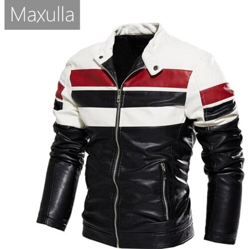 Maxulla Mens PU Jacket Fashion Mens Biker Motorcycle Jackets Casual Patchwork Faux Leather Fleece Warm leather Coats Clothing