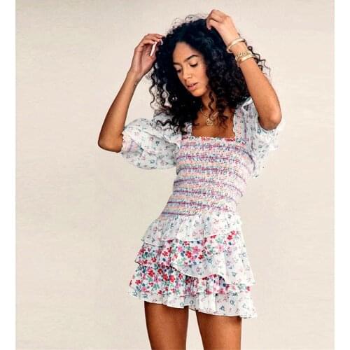 Summer clothes for woman Floral print dress sexy Strap Backless Dresses Ruffled square neck puff sleeves Women Clothing 2021