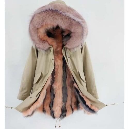 Mao Mao Kong 2020 Real Fur Coat Winter Jacket Women Long Parka Natural Raccoon Fur Collar Real Fox Fur Beige Luxury Streetwear