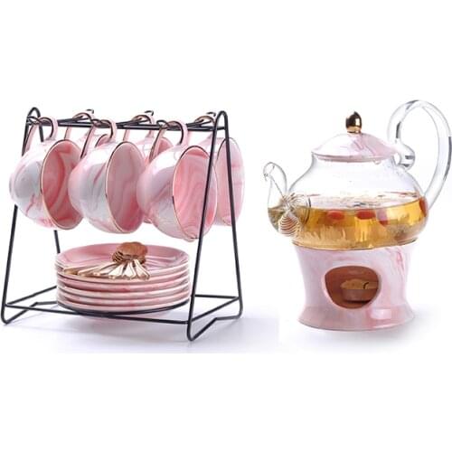 Marbling Porcelain Tea Set Nordic Simple Tea Cup Set with Candler Strainer Floral Teapot Set Pink Grey Coffee Cup