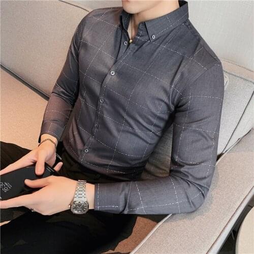 2021 Plaid Shirt Men Business Casual Dress Shirts Autumn Long Sleeve Slim Social Office Chemise Homme Streetwear Male Clothing