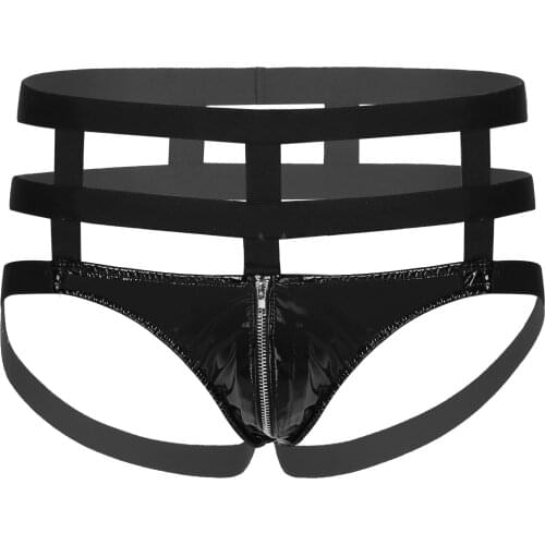 Mens Lingerie Faux Patent Leather Underwear Bulge Pouch Backless Briefs Underpants Zipper Open Front G-String Thong Panties