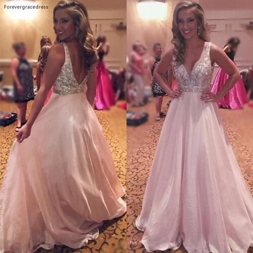 Pink Long Prom Dress Cheap V Neck Open Back Formal Evening Party Gown Custom Made Plus Size