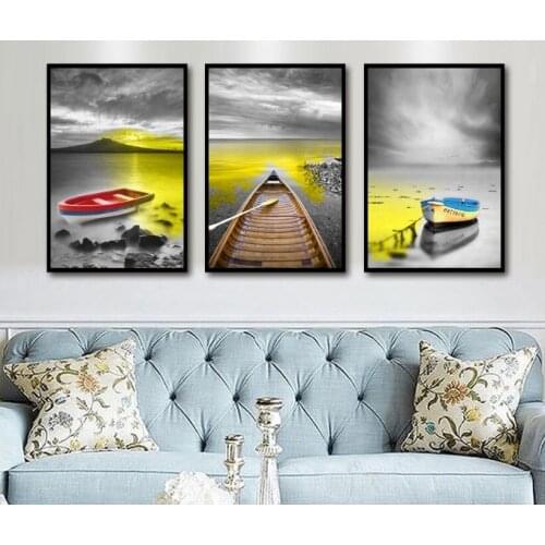 Nordic Minimalist Mood Sea Gold Sailing Decorative Paintings Modular Picture Wall Art Canvas Painting for Living Room No Framed