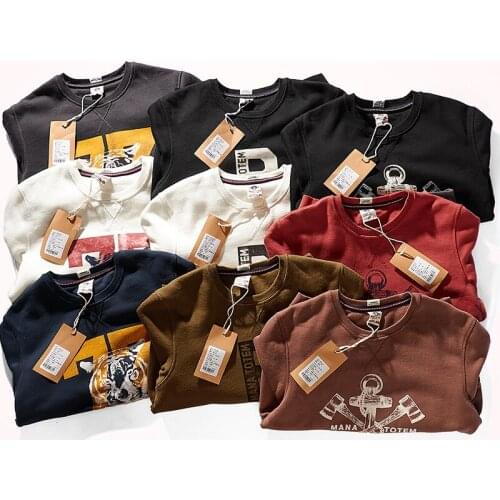 Autumn Winter American Retro Thickened Velvet Printed Hoodies Mens Pure Cotton Pullover Knitted Long-sleeved Casual Sportwear