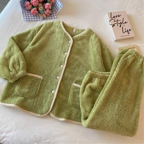 Fdfklak Plush Pajamas Winter Women Warm Flannel Cardigan Thicken Pyjama Set Long Sleeve Sleepwear Set Women 2PCS Home Suit