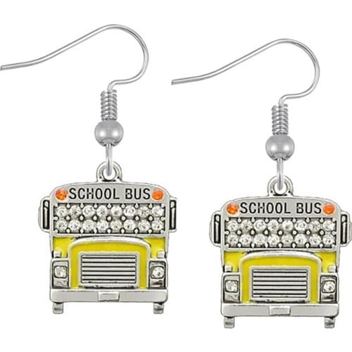 DOUBLE NOSE School Bus Earrings Crystal Enamel Colors Bus Pendant Hook Jewelry Earrings For Driver Custom Accept