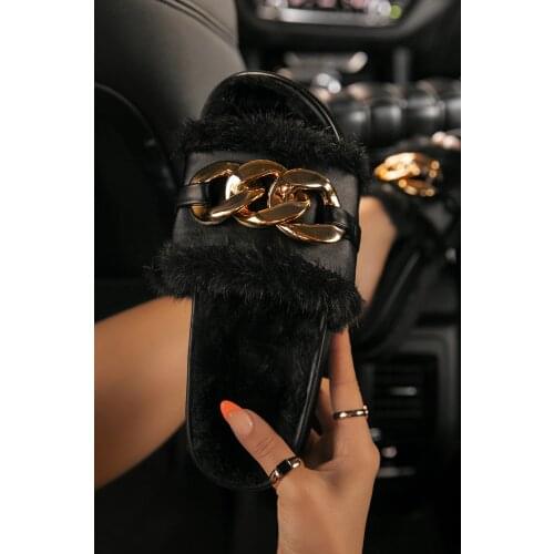 Fluffy Women Home Fur Slippers Winter Warm Furry Lining Cozy Platform Flat Chain Decoration Fashion Trend Slides Ladies Shoes