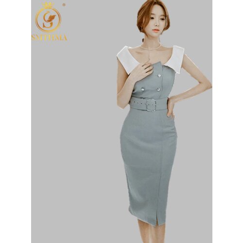 SMTHMA High Quality Womens Sexy Off Shoulder Korea Dresses Blue Patchwork Summer Dress Vestidos 2021 New