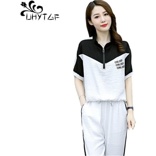 UHYTGF Womens Tracksuit Stitching Casual Female Summer Two-Piece Sets Fashion White Black Orange 3XL Plus Size Sports Suit 1402