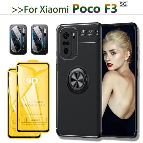 Poco F3 Case & Glass,Silicone Case with Metal Ring Kickstand Cover for Xiaomi Pocophone F3/X3-Pro Cover Poco F3 Pro Frosted Case