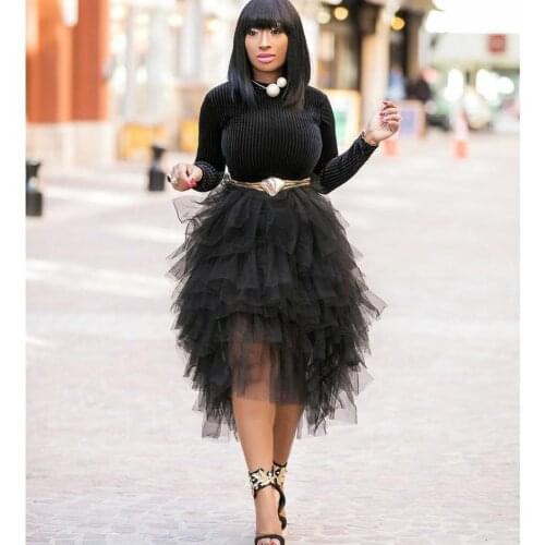 Ruffles Tulle Skirts For Lady Black Ruched Tiered 2020 High Low Tea Length Tulle Skirt Women Elastic Tutu