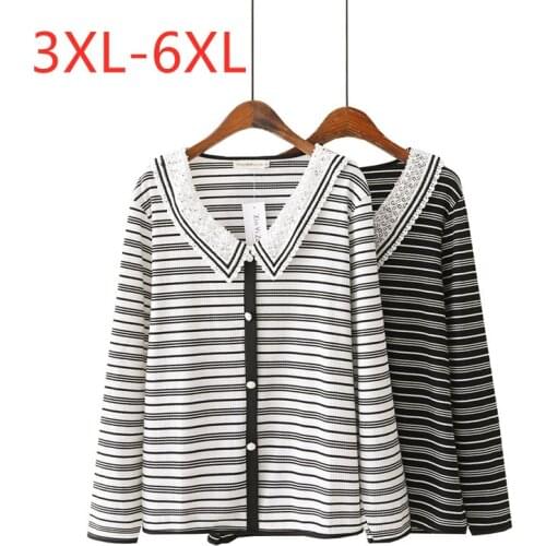 New 2021 Ladies Autumn Winter Plus Size Tops For Women Large Pullover Long Sleeve Loose Cotton Lace Stripe Shirt 3XL 4XL 5XL 6XL
