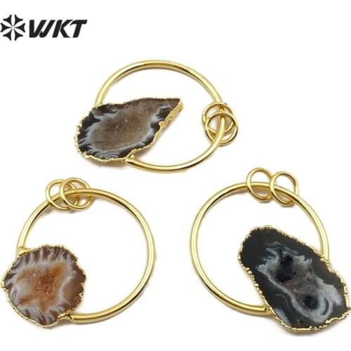 WT-P1455 Natural Stone Pendant Druzy Geode A gate Black/Brown Color With Gold Electroplated Big Ring Fashion Pendant Jewelry