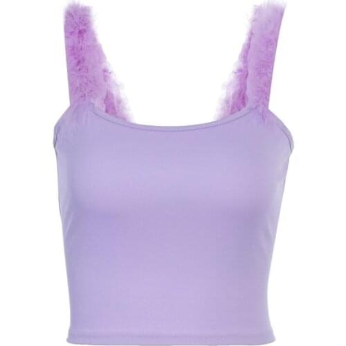 Women Sleeveless Crop Top Fluffy Feather Straps U-Neck Solid Color Camisole Vest A0NF
