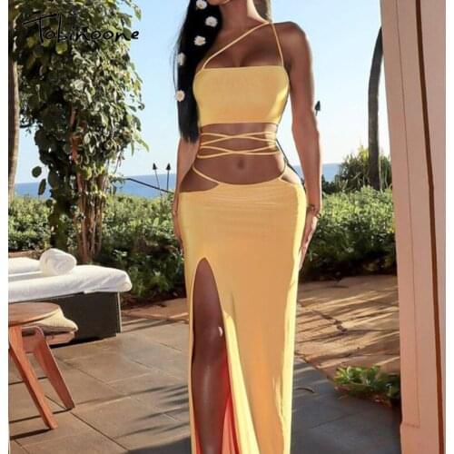 Tobinoone High Split Straps Drawstring Long Dress Women Hollow Out Backless Sexy Dresses Summer Belt Holiday Maxi Vestibos