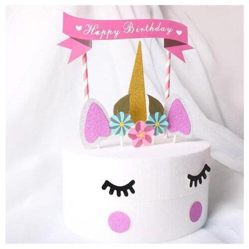 1set Topper Pink Unicorn Party Cake Topper Wedding Cupcake Decoration Happy Birthday Party Supplies Baby Children Party Decor