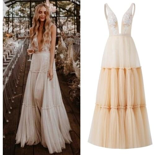 Boho Deep Sexy V Neck Sleeveless Backless Bridal Beach Tulle Lace Floor Length A-Line Champagne Wedding Dress Bridal Gown