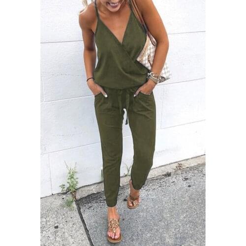 2021 V Neck Sexy Summer Jumpsuit Sling Sleeveless Blackless Casual Drawstring Pants With Pockets Combinaison Femme101043 Ez