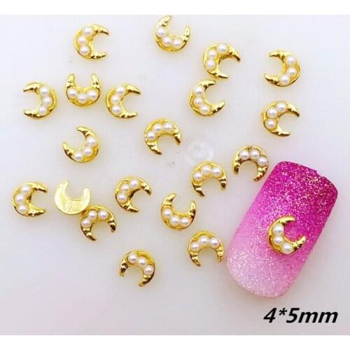 20pcs/pack Japan Alloy Nail Art 3D Gold Moon with Pearl Metal Accessories for Phototherapy Nail Sticker DIY