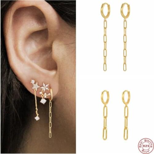 Aide 925 Sterling Silver Safety Pin Shape Long Chain Dangle Earrings For Women Rock Punk Pendiente Ohrringe Drop Earring Jewelry