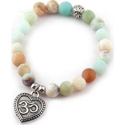 Free Shipping Fashion Beautiful 8mm Natural Matt Amazonite Stone Wrist Mala OM Bracelet