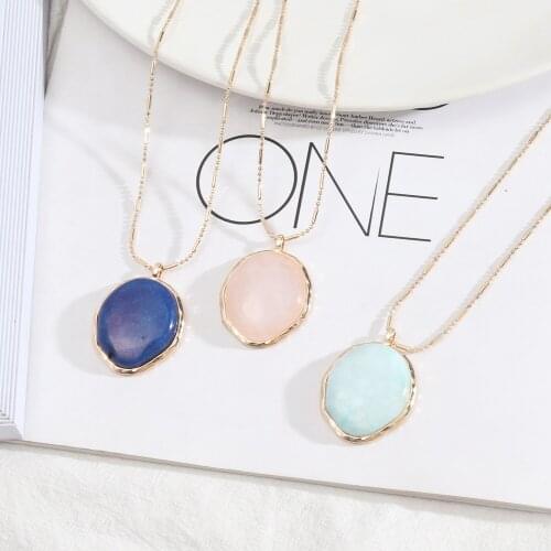 Bohemia Faceted Healing Pink Blue Green Stone Crystal Pendant Necklaces Geometric Long Chain Sweater Dress Acc Women Jewelry