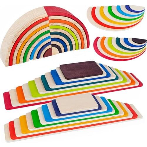 Montessori Large Rainbow Building Blocks Jenga Toys 12 Color Arched Semicircle Long Strips of Beech Building Rainbow Kids Toys