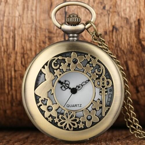 Alice in Wonderland Themed Rabbit Key Flowers Hollow Quartz Pocket Watch Necklace Pendant Clock Kids Children Girls Hours Gifts