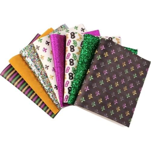 David accessories 8pcs/set 20*33cm Mardi Gras Theme Set Faux Leather Fabric DIY Bow Bag Material Faux Leather Sheets,1Yc10028