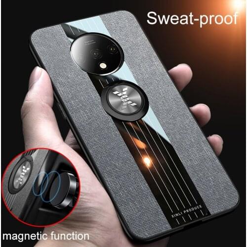 For OnePlus 7T Case Luxury Hard Cloth With Ring Stand Magnet Slim protective Back cover Case for one plus 7t oneplus7T 1+7t