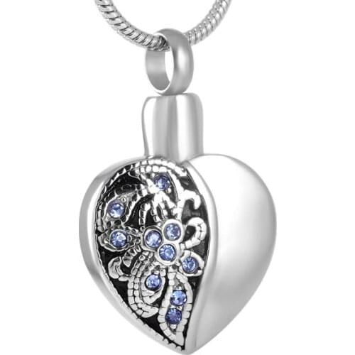 IJD8318 Blue Crystal Flower In My Heart Stainless Steel Memorial Ashes Keepsake Cremation Urn Pendant & Necklace for Women/Men