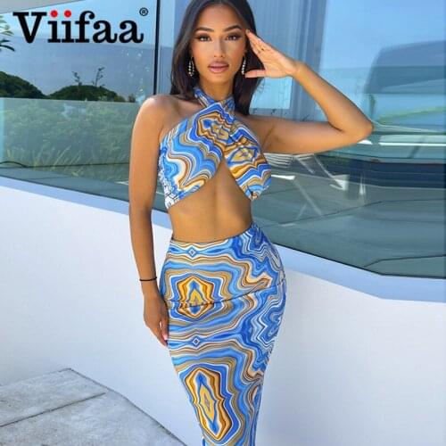 Viifaa Criss-Cross Halter Top and Midi Skirt Two Piece Set Women Night Clubwear Sexy Multicolor Print Matching Dress Sets