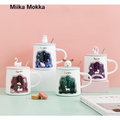 Cute Animals Relief Ceramic Mug with Lid and Spoon Unicorn Swan Bear Deer Coffee Mug Milk Tea Cup Handle Cup Novelty Gifts