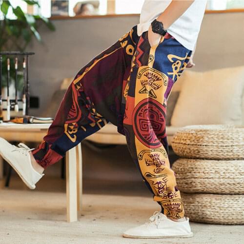 2019 Autumn Men Cotton Pockets Harem Pants Hip Hop Joggers Gypsy Hippie Drop Crotch Mens Pants Man Sweatpants Streetwear M-3XL