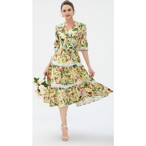 MIUXIMAO 2021 New Autumn Womens Clothing V-Neck Short Sleeve Water Soluble Lace Printing Slim Waist Dress Fashion Elegant