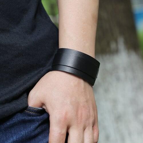 New Adjustable Belt Leather Bracelets for Men Vintage Black Big Wide Wrap Wristband for Women Punk Jewelry