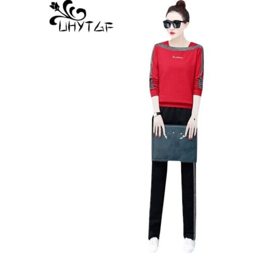 UHYTGF Casual tracksuit womens One word collar Fashion tops and trousers spring two piece set Female Loose plus size clothes1364
