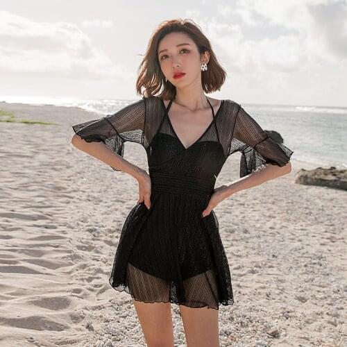 Push Up Swimming Suit for Women 2021 Summer One Piece Swimsuit Ladies Black Swimdress Korean Padded Bathing Suit with Sleeves