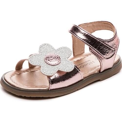 CUZULLAA Kids Glitter Flower Hook & Loop Beach Sandals For Children Girls Non-Slip Princess Summer Shoes Size 21-30
