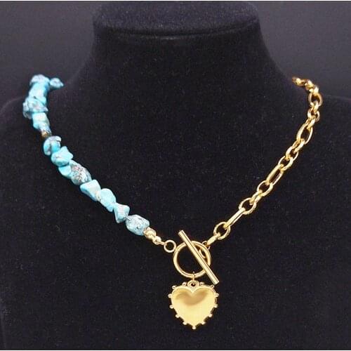 Boho Heart Love Stainless Steel Imitation Turquoise Pendant Necklace Women Gold Color Necklaces Jewery collar bohemio NXS04