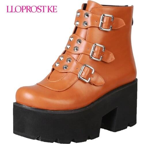 Lloprost ke Autumn Winter Women Platform Boots 2019 Fashion Zipper Black Ankle Boots Female Thick High Heel Punk Boots D781