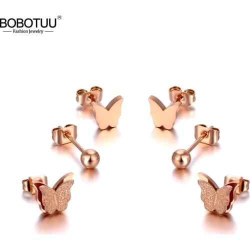 BOBOTUU Cute Titanium Stainless Steel Butterfly Rhinestone Earrings Jewelry 3Pair/Set Crystal Earrings For Women Girls BE20043