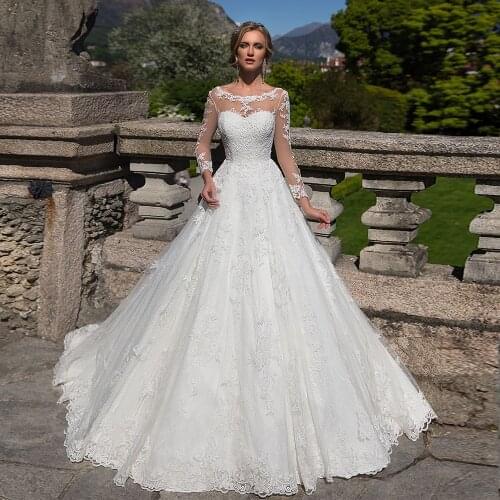 Vestidos De Novia Long Sleeve Ball Gown Wedding Dress Backless Simple Robe De Mariage Appliques Tulle Sukienka Na Wesele