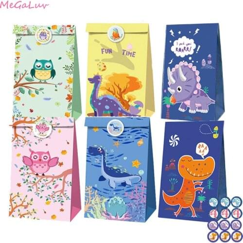12pcs Paper Candy Gifts Bags With Sticker Jungle Animal Party Coockie Packaging Boxes Baby Shower Kids Birthday Party Supplies