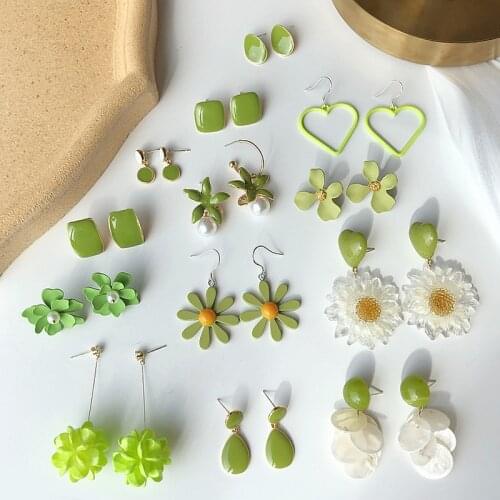 2020 Korean Green Geometric Pendant Earrings Multiple Drop Earrings Unique Design Flowers Resin Acrylic Dangle Earring Jewelry