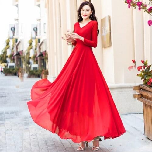 2021 Elegant Solid Casual Chiffon Boho Beach Maxi Dress Spring Autumn Vintage Plus Size Black Dress Women Bodycon Party Vestidos